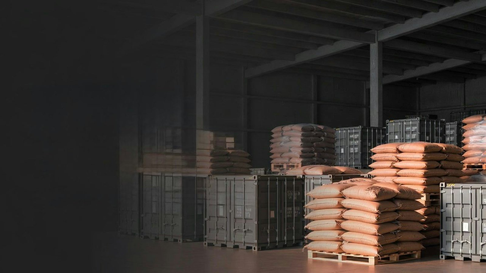 Packed peanut sacks palletised in a warehouse for export